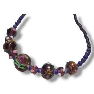 Vintage Purple Lampwork Glass Beaded Necklace Flowers Bumpy‎ 16"